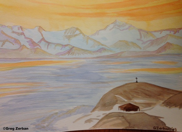 A watercolor painting of Hut Point and the Royal Society mountain range of Antarctica.  The hut is Robert Falcon Scott's Discovery Hut.  I am a Hut guide and give guided tours of the historic huts in Antarctica.  I totally love it!  : )