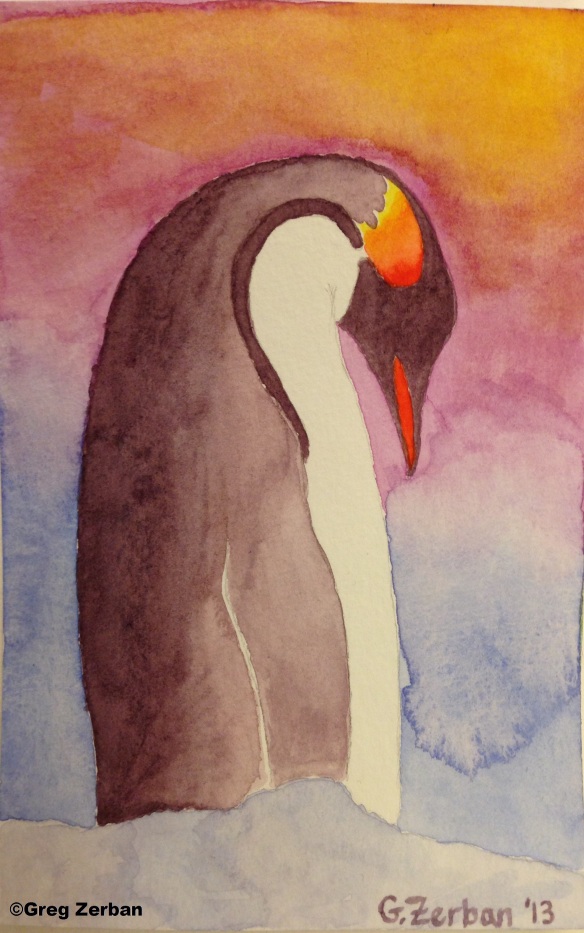 Small postcard sized watercolor painting of an Emperor Penguin that I painted for the McMurdo Station craft show.