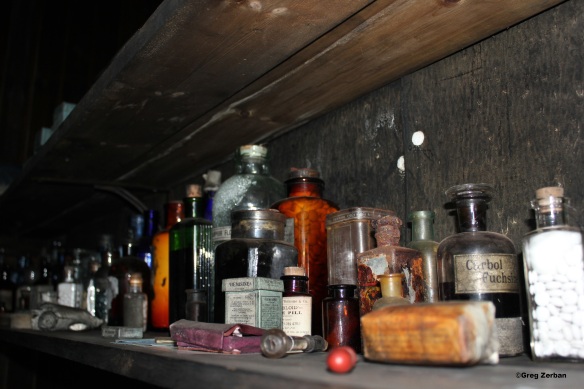 Medical supplies inside the hut.  Everything is still in place, as if the men would be returning at any time.